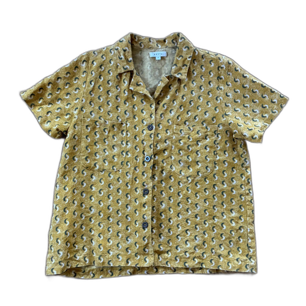VETTA Yellow Pattern Button Up Short Sleeve Shirt Top Women's Size Small - Picture 3 of 9